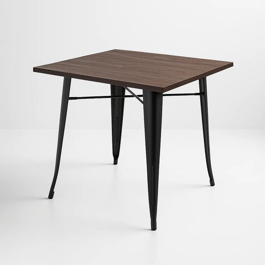 Mesa Tolix restaurant cuadrada negra 80×80 con cubierta de Madera Oscura Walnut
