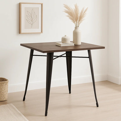Mesa Tolix restaurant cuadrada negra 80×80 con cubierta de Madera Oscura Walnut