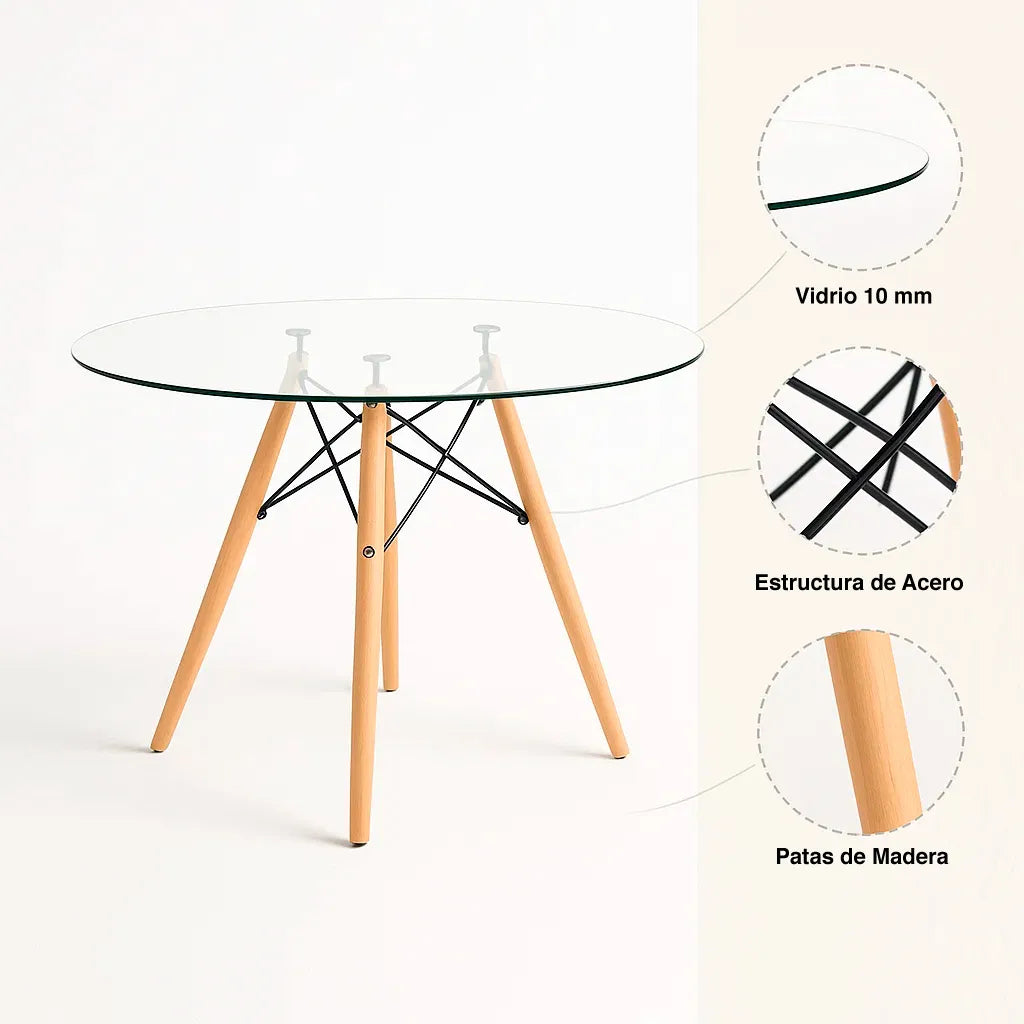 Mesa de Comedor Eames 100cm redonda vidrio