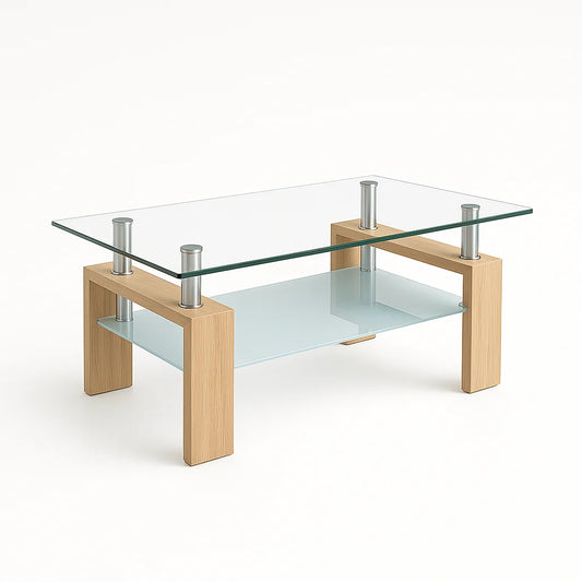 Mesa de centro para living rectangular de vidrio y madera