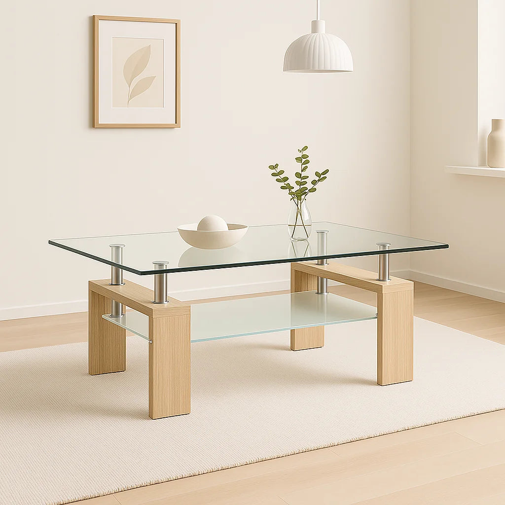 Mesa de centro para living rectangular de vidrio y madera