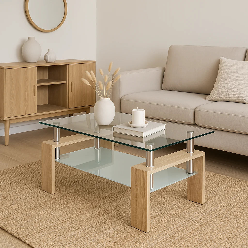 Mesa de centro para living rectangular de vidrio y madera