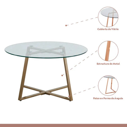 Mesa de centro para living de vidrio y metal 80cm