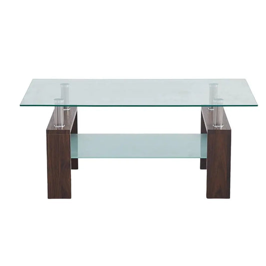 Mesa de centro para living rectangular de vidrio y madera oscura