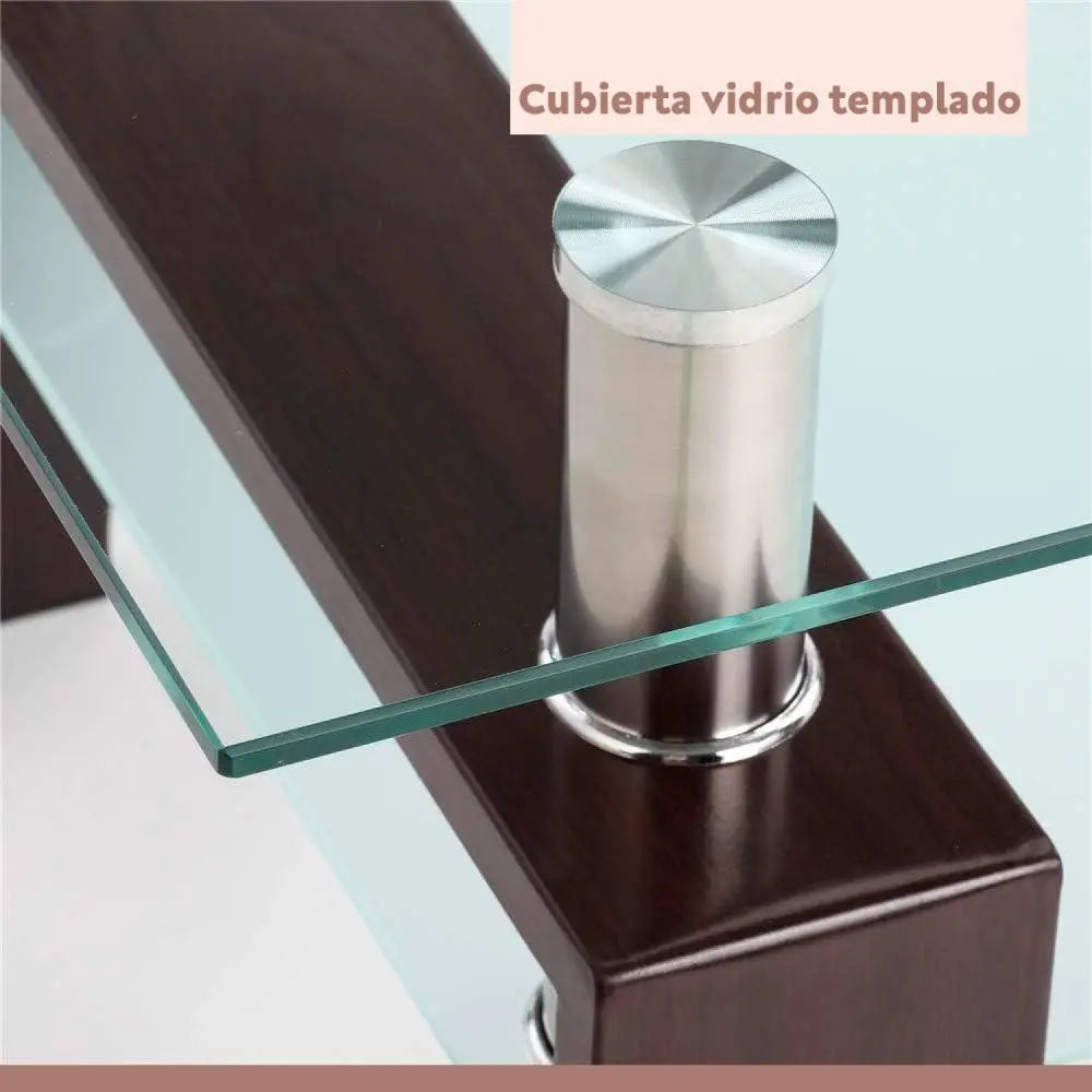 Mesa de centro para living rectangular de vidrio y madera oscura