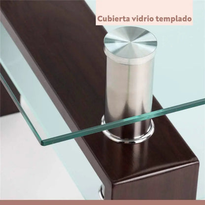 Mesa de centro para living rectangular de vidrio y madera oscura