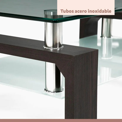 Mesa de centro para living rectangular de vidrio y madera oscura