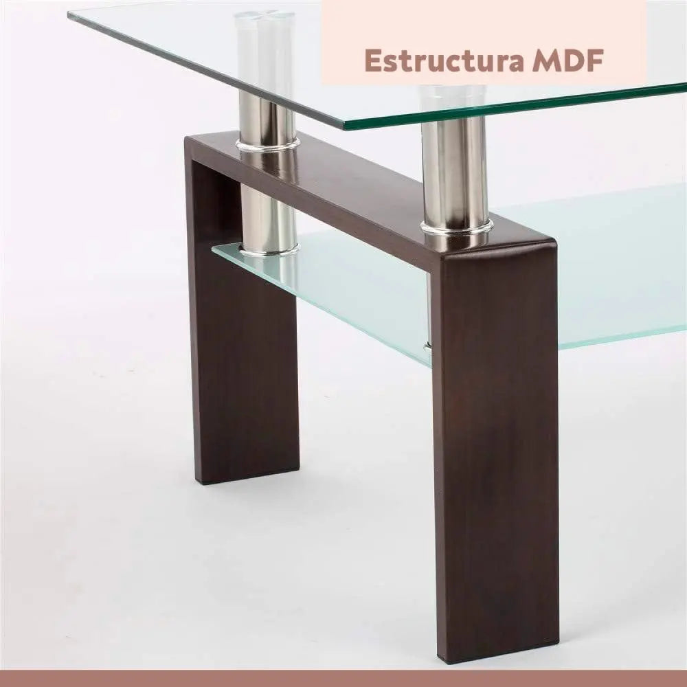 Mesa de centro para living rectangular de vidrio y madera oscura