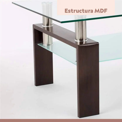 Mesa de centro para living rectangular de vidrio y madera oscura